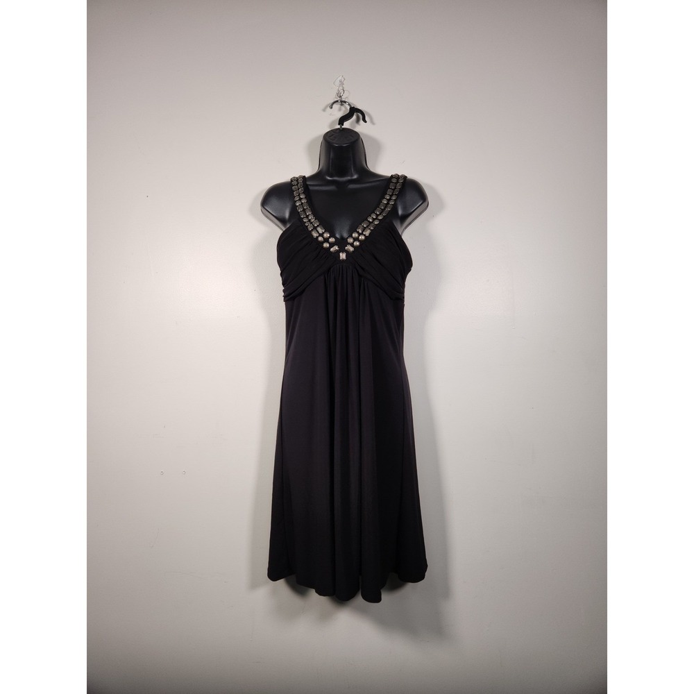 BISOU BISOU Embellished Cocktail Dress Womens 12 Black V-Neck Jeweled Party LBD